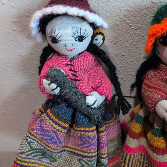 Vintage Peruvian Hand Made Folk Cloth Rag Dolls Mom & Baby Peru Set Of 2 - Picture 8 of 8